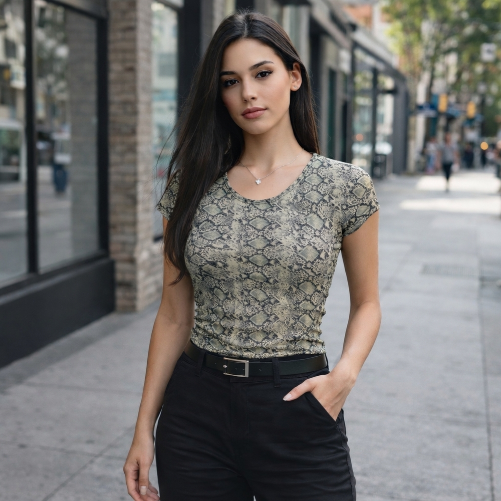 Y2K Vintage Snakeskin Print Stretchy Short Sleeve Blouse Top Retro Grunge